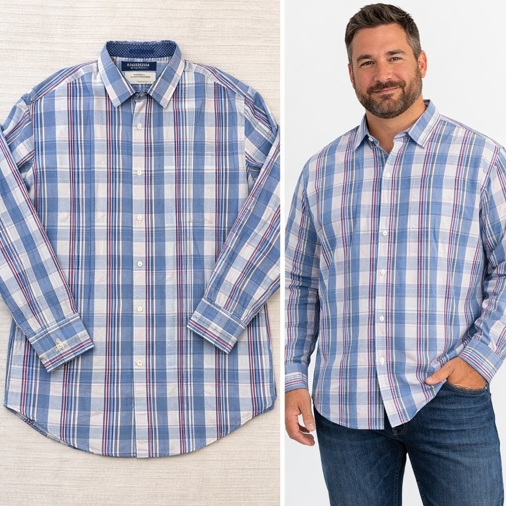 Tommy Bahama Mens XXL Blue Plaid‎ Cotton Silk Blend Long Sleeve Button Up Shirt